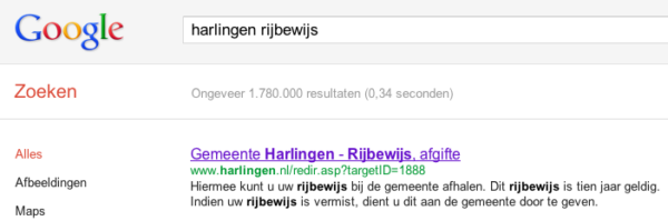 Resultaat voor zoekactie "Harlingen rijbewijs" in Google
