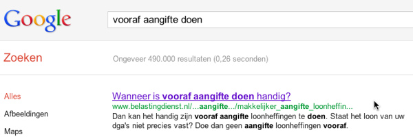 Vooraf aangifte doen - gezocht in Google: de Belastingdienst op #1